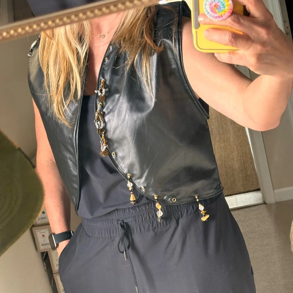 Hand Crafted Leather Vest Women's Open Front Cropped Black with Beads